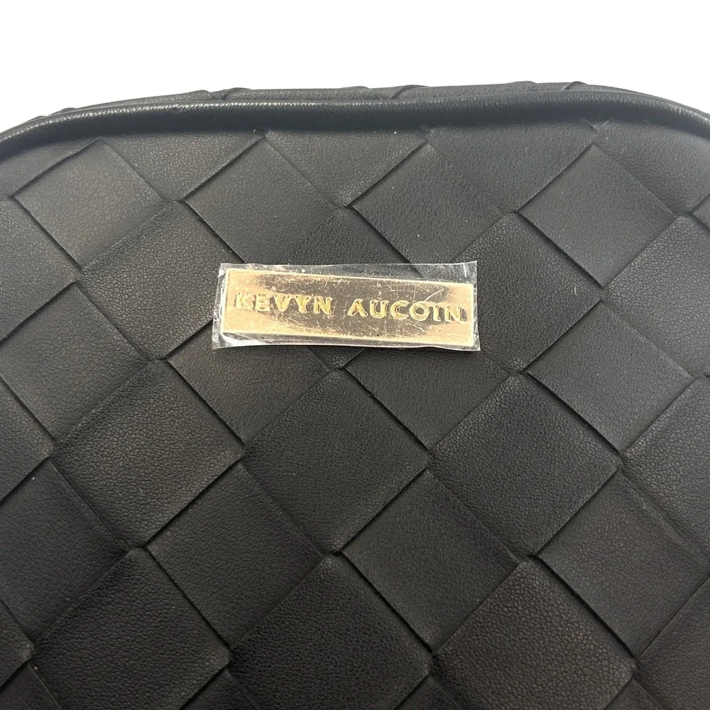 Kevyn Aucoin Woven Makeup Bag Black Faux Leather Travel Case Gold Hardware NEW